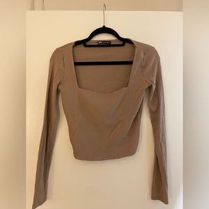 Zara brown long sleeve square neck top